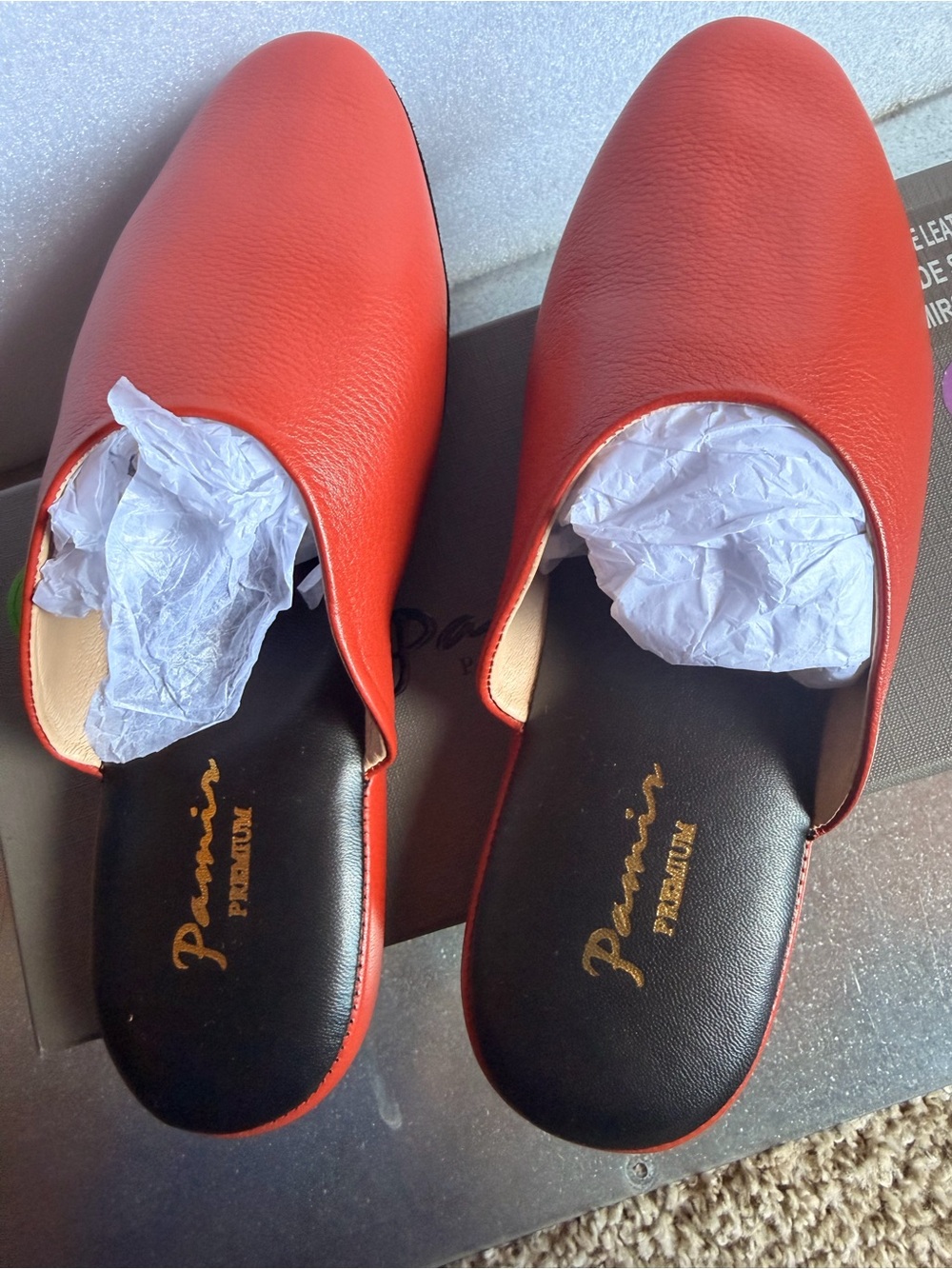 Red Leather Slip-On Mules with Black Suede Sole